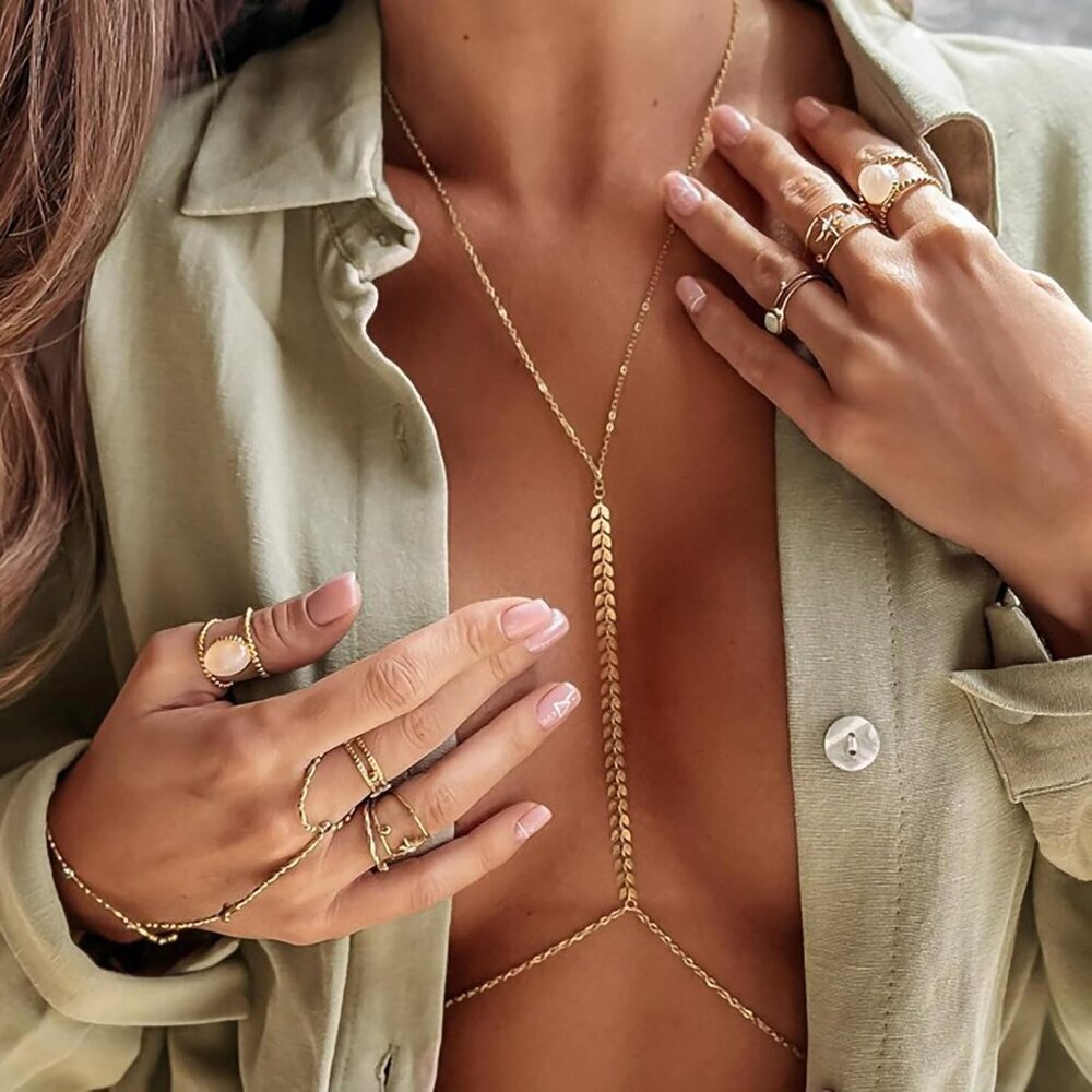 14K Gold Body Chain for Women Summer Beach Rhinestone Layered Belly Waist Jewelr - Picture 5 of 7